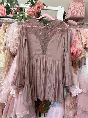 Free People Dusty Rose Embroidered Tiered Mini Dress